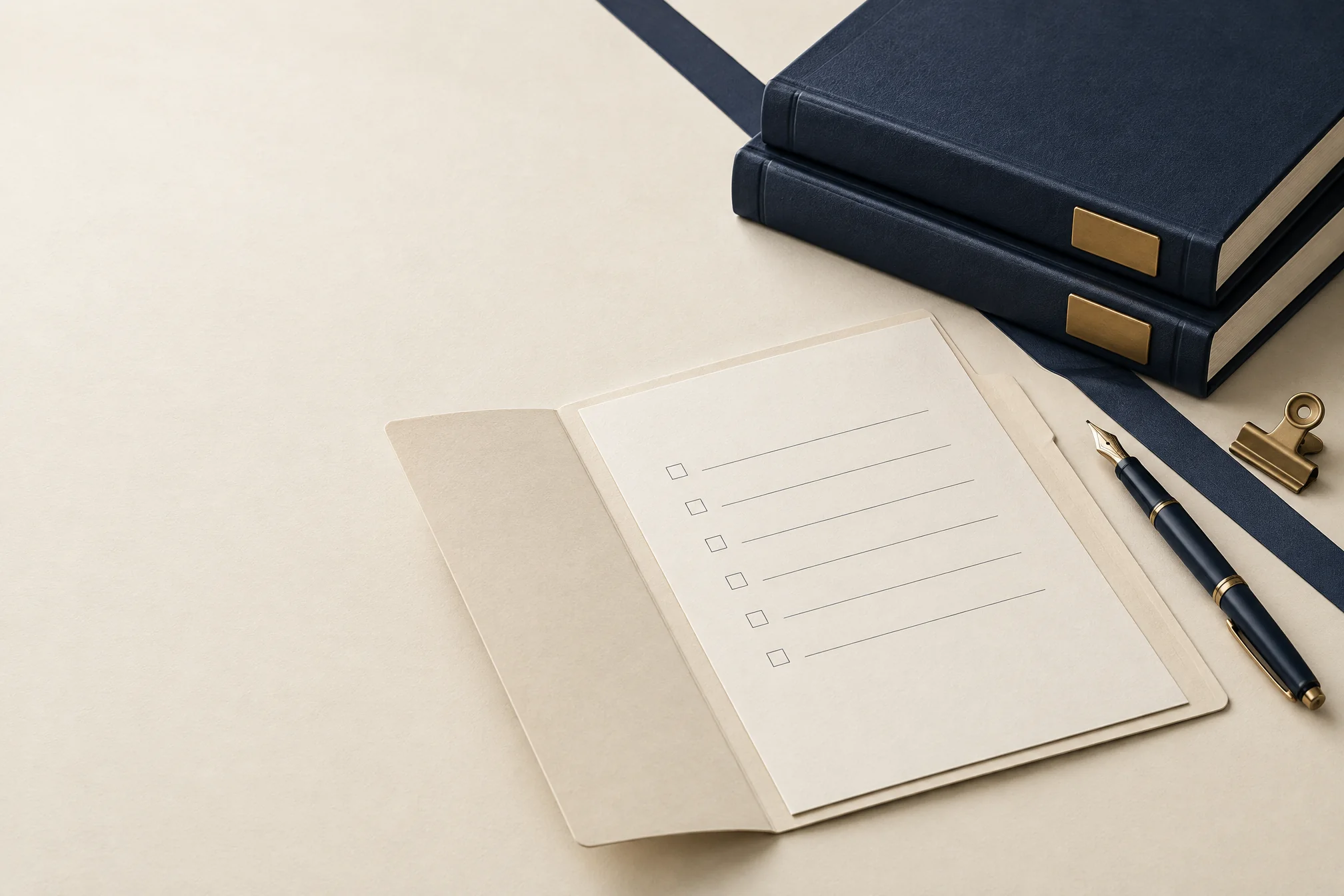 Illustration of folders, a pen and an organized checklist