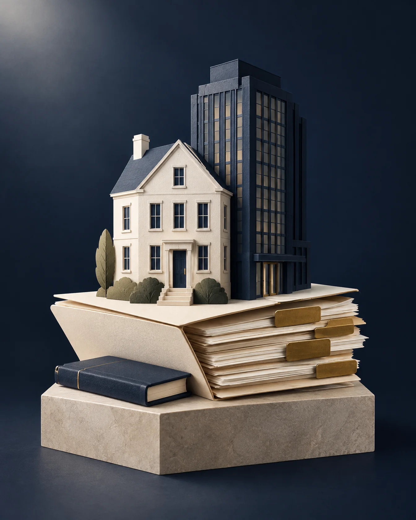 Paper architectural models of a home and commercial building on organized files