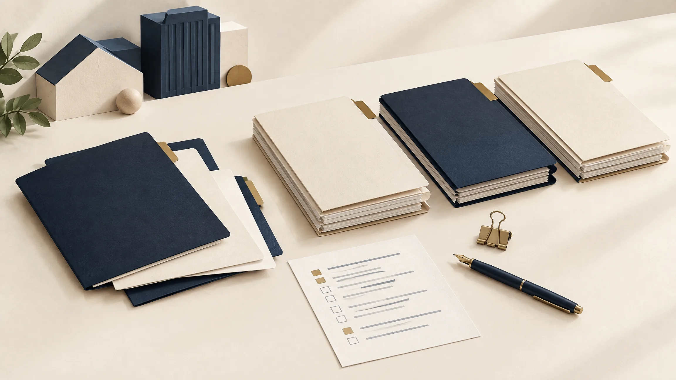 Illustration of organized legal files, a checklist and residential and commercial building models